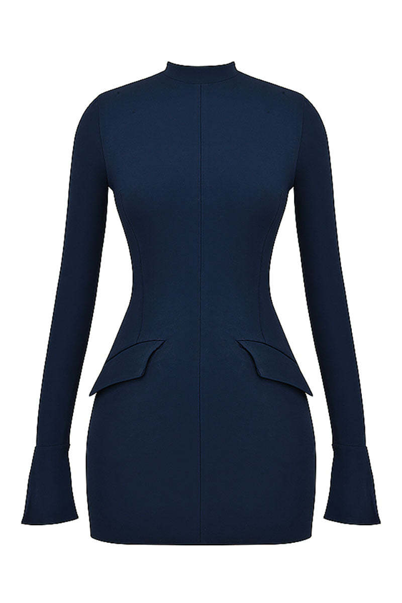 Plain Mock Neck Flared Sleeve Slim Fit Pocket Mini Dresses-Blue