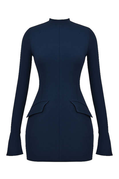 Plain Mock Neck Flared Sleeve Slim Fit Pocket Mini Dresses-Blue