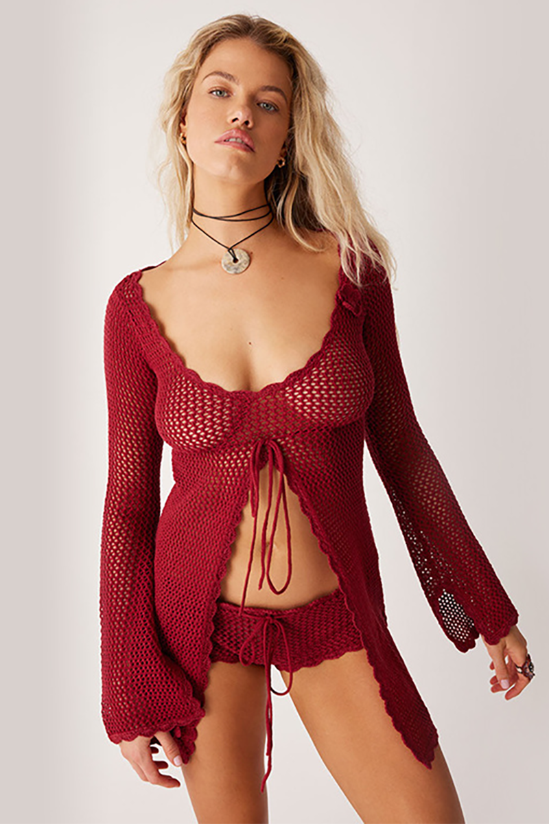 Hollow Out Knit Ripple Trim U Neck Flared Sleeve Slit Front Top Bikini Cover Ups-White