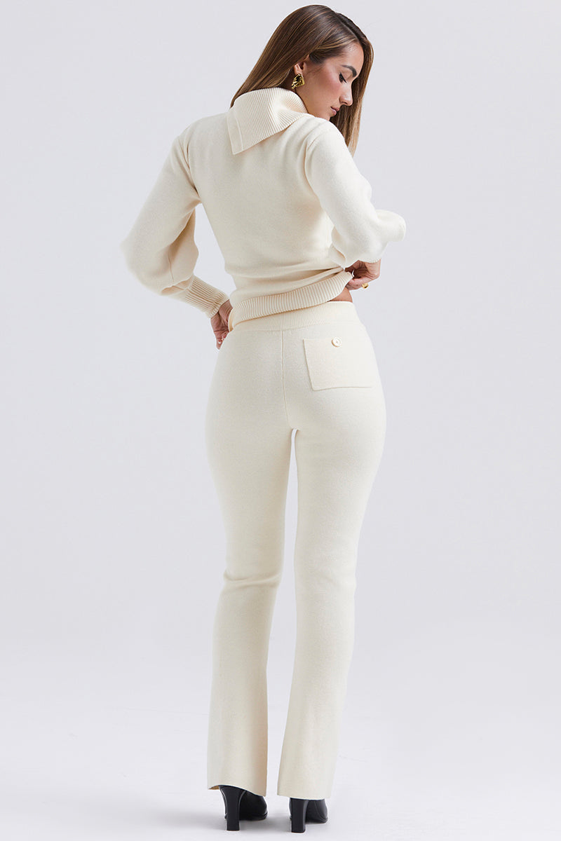 Irregular Folded Stand Collar Lantern Sleeve Sweater Plain Pants Matching Set-Beige