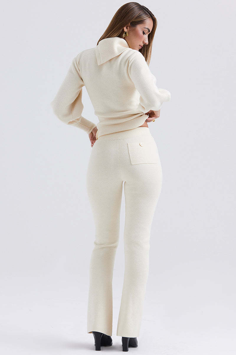 Irregular Folded Stand Collar Lantern Sleeve Sweater Plain Pants Matching Set-Beige