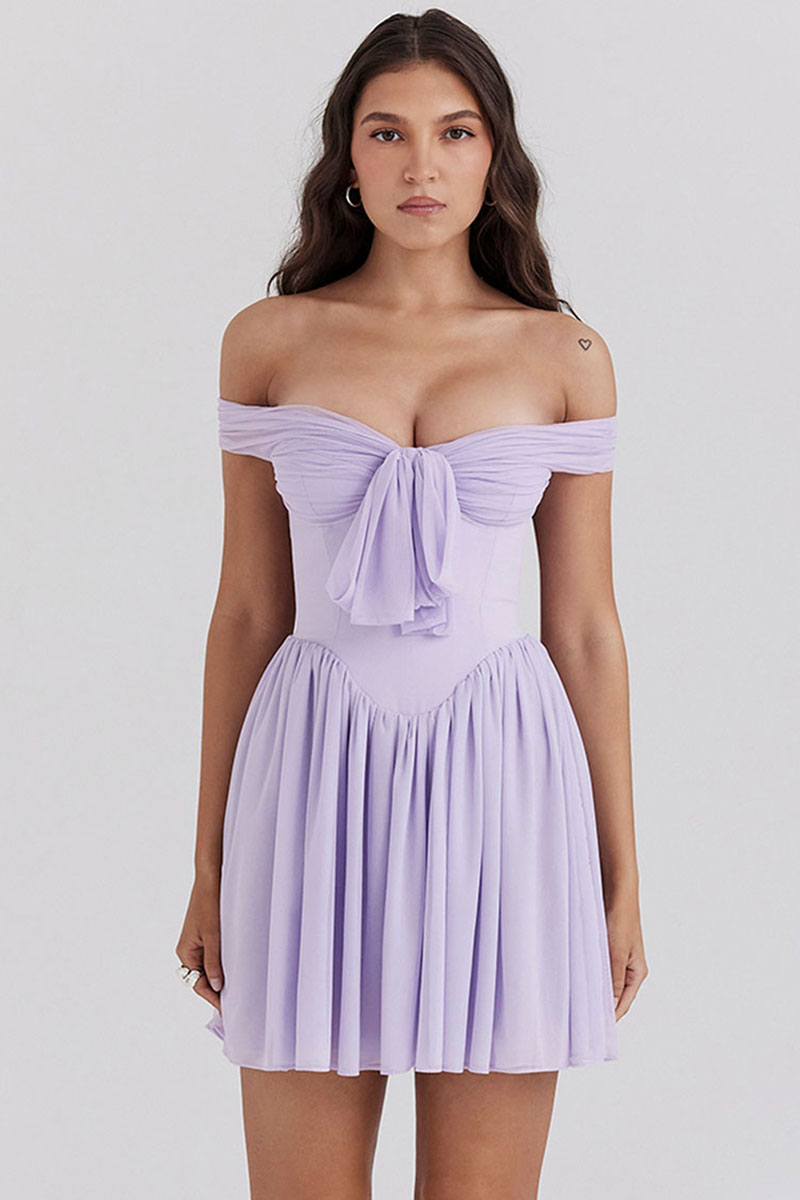 Off Shoulder Tie Up Bow Cinch Waist Ruched Mini Dresses-Purple