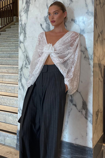 Deep V Neck Batwing Sleeve 3D Flower Decor Jacquard Lace Crop Top-White