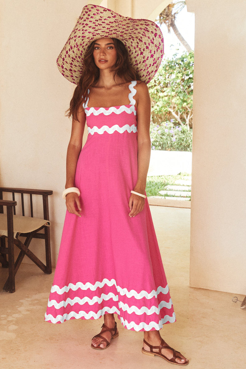 Colorblock Ripple Trim Vacation Slip Maxi Dresses-Black