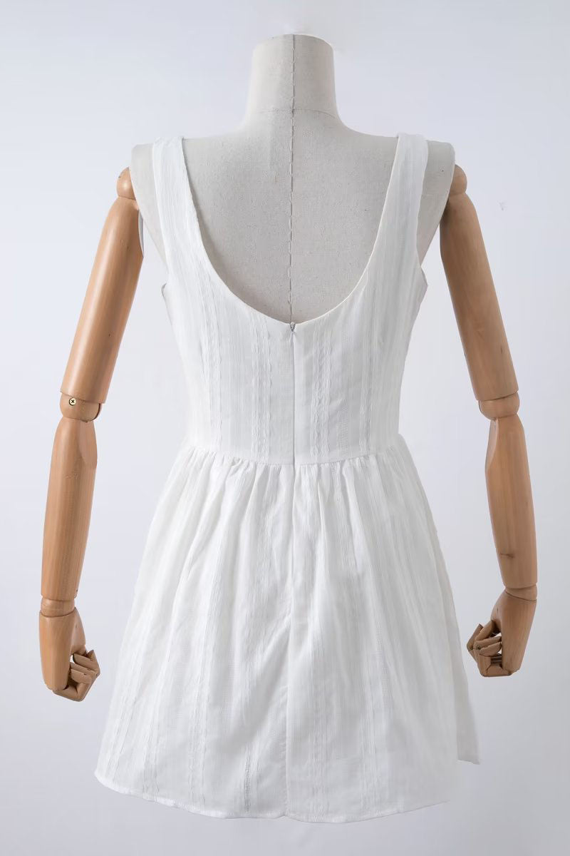 Square Neck Low Back Texture A-Line Sleeveless Mini Dresses-White