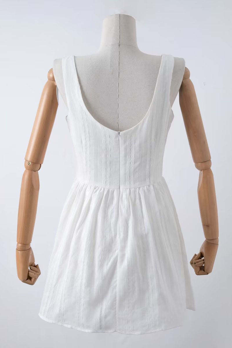 Square Neck Low Back Texture A-Line Sleeveless Mini Dresses-White