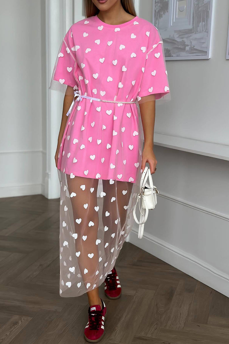 Heart Print Mesh Patchwork Short Sleeve T-shirt Midi Dresses-White