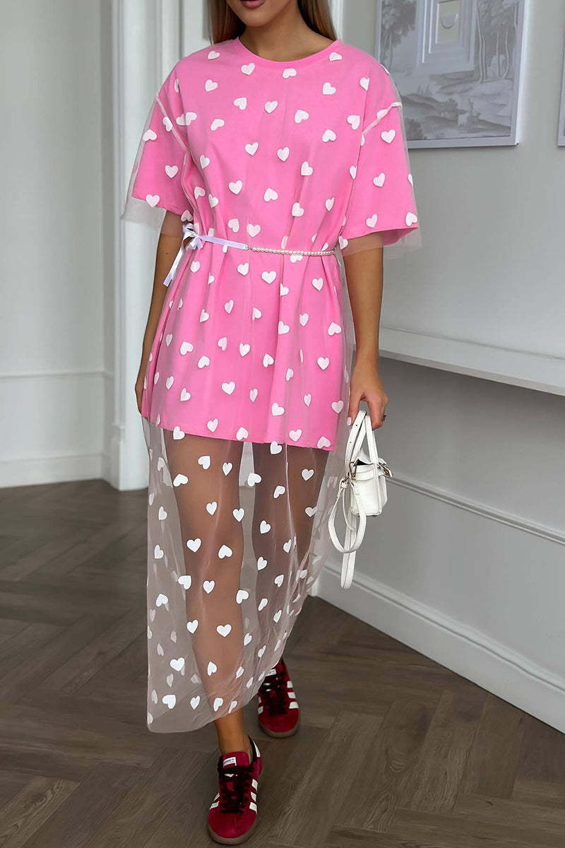 Heart Print Mesh Patchwork Short Sleeve T-shirt Midi Dresses-White