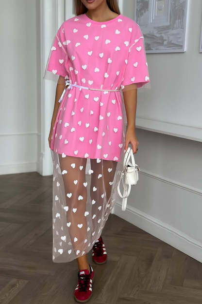 Heart Print Mesh Patchwork Short Sleeve T-shirt Midi Dresses-White