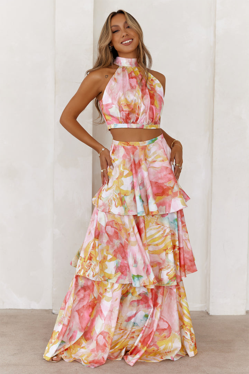 Multicolor Pattern Crop Top Tiered Maxi Skirt Matching Set-Pink