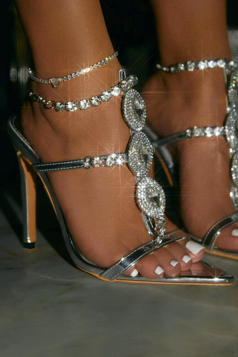 Sparkling Rhinestone Decor Ankle Strap Pointy Peep-Toe Stiletto Heels-Gold