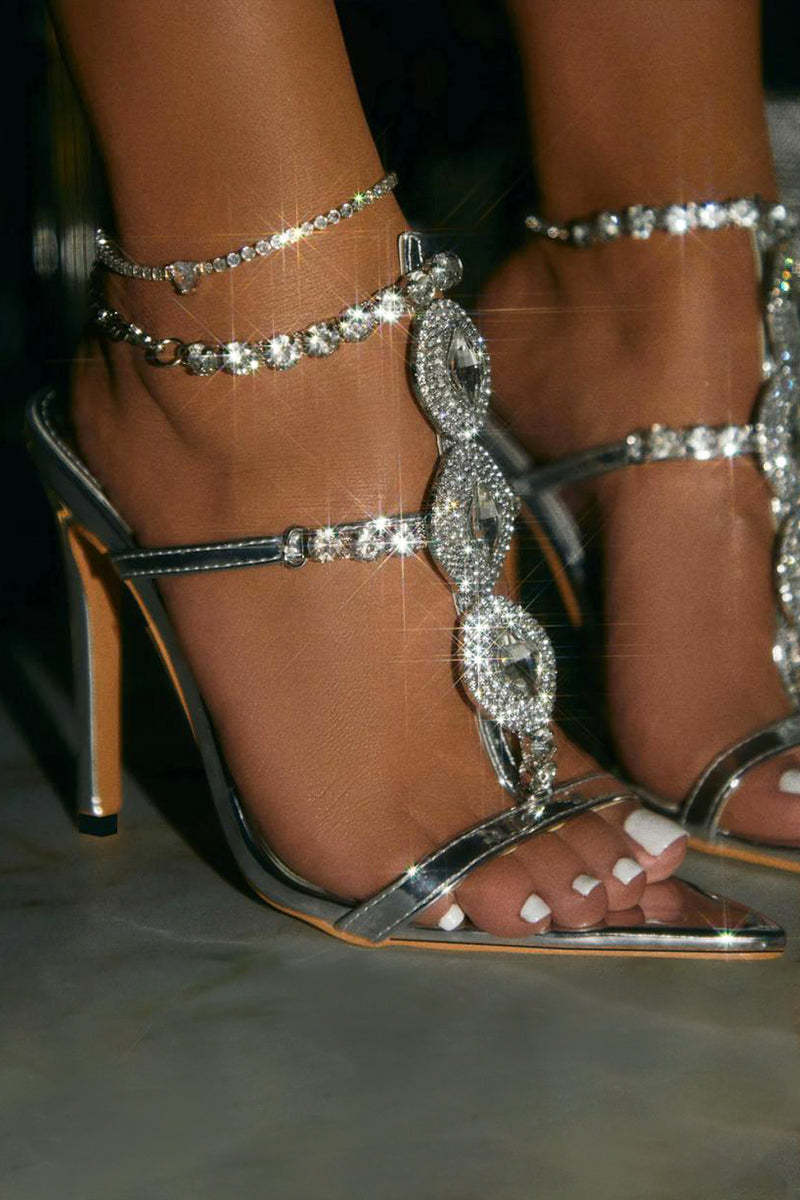 Sparkling Rhinestone Decor Ankle Strap Pointy Peep-Toe Stiletto Heels-Gold