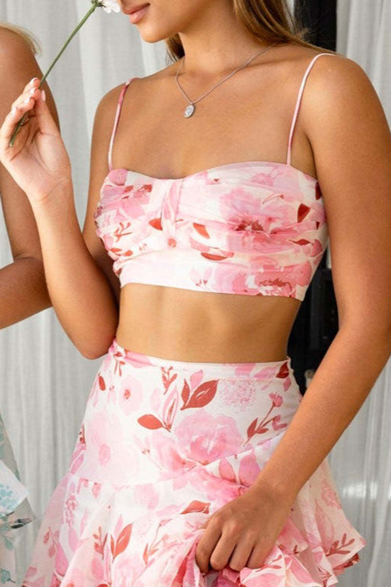 Floral Print Cami Crop Top Layered Maxi Skirt Matching Set-Pink