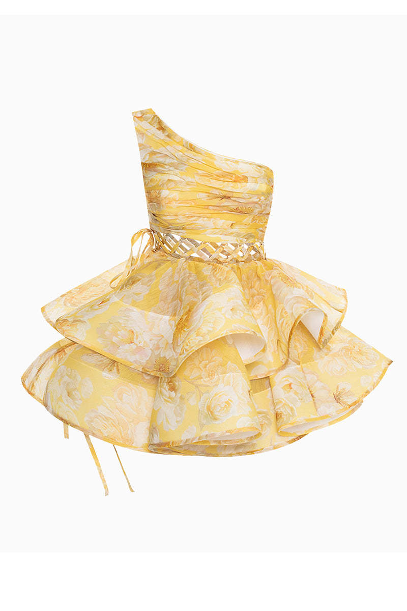 One Shoulder Wrinkle Lace-Up Party Tulle Hem Mini Dresses-Yellow Pre Order