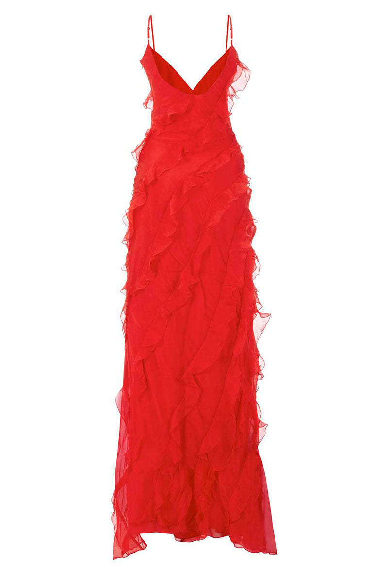 Ruffled Slit V Neck Backless Prom Slip Maxi Dresses