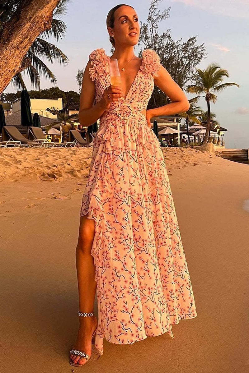 Deep V Neck Slim Ruffled Shoulder Backless Tied Up Cutout Floral Print Vacation Maxi Dresses