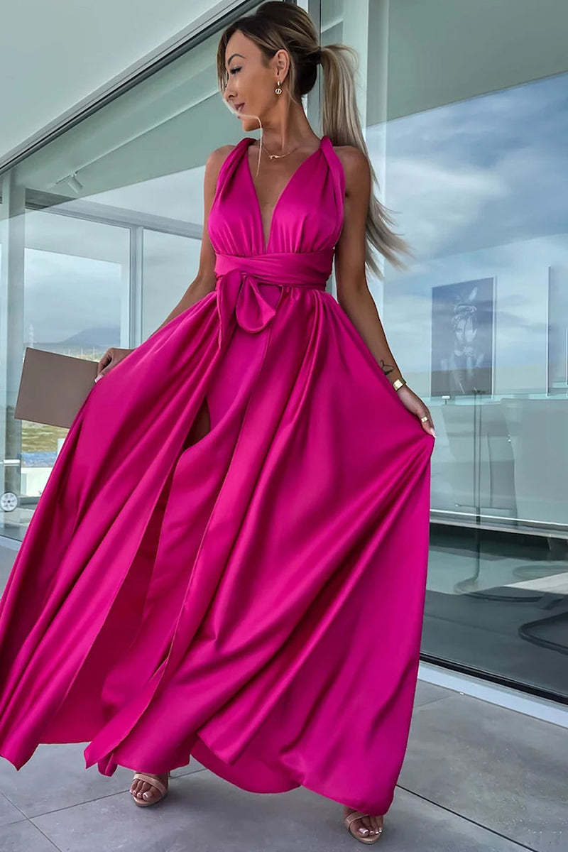 Deep V Neck Wrap Strap High Slit Satin Formal Party Maxi Dress