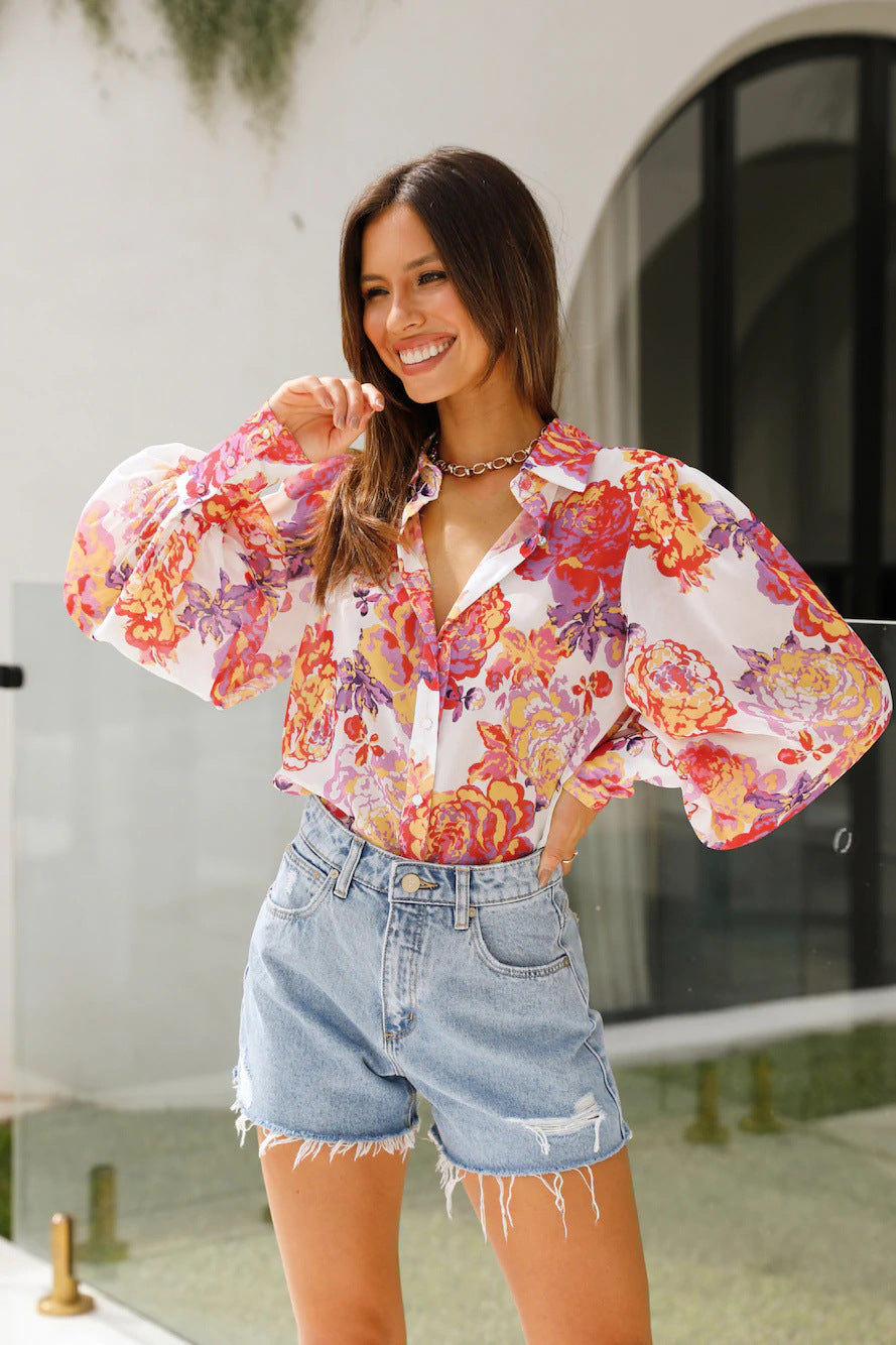 Print Sheer Puff Sleeves Blouse