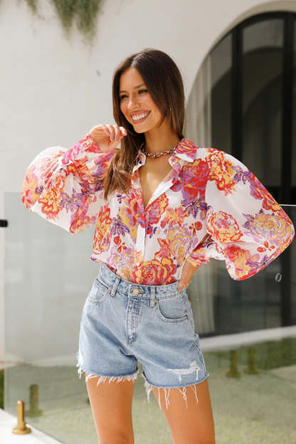 Print Sheer Puff Sleeves Blouse