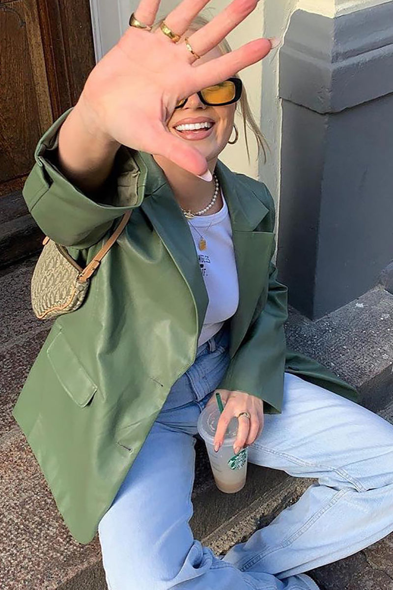 Faux Leather Casual Long Sleeve Blazer Coat