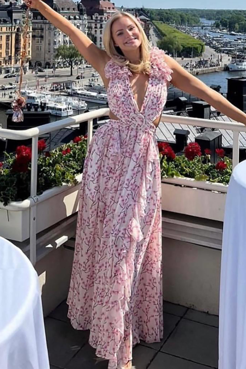 Deep V Neck Slim Ruffled Shoulder Backless Tied Up Cutout Floral Print Vacation Maxi Dresses