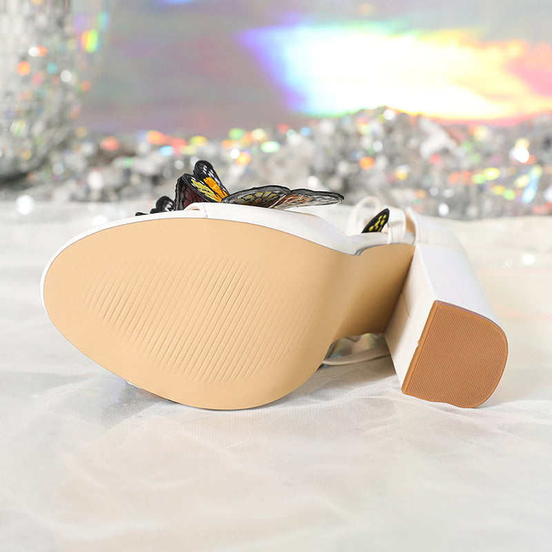 Tie Up Cross Strap Multicolor Embroidered Butterflies Decor Sandal Heels