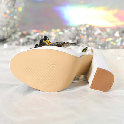 Tie Up Cross Strap Multicolor Embroidered Butterflies Decor Sandal Heels