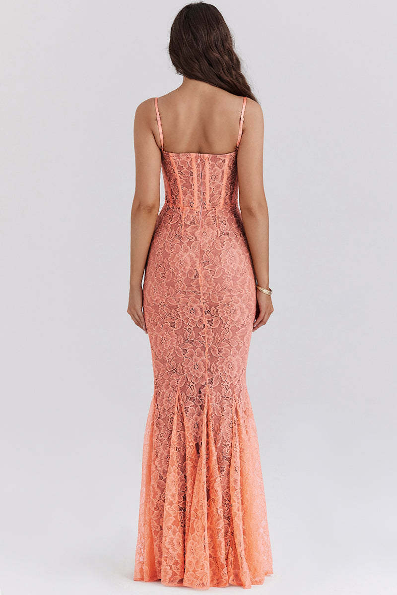 Floral Guipure Lace Corset Party Fishtail Maxi Slip Dresses-Coral