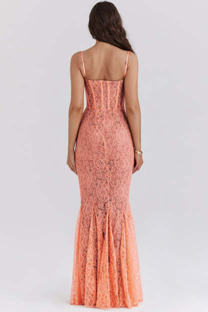 Floral Guipure Lace Corset Party Fishtail Maxi Slip Dresses-Coral