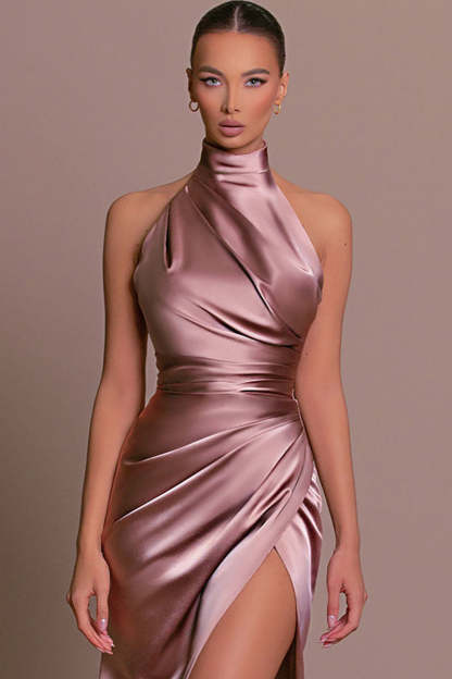 Satin High Neck Sleeveless Slim Fit High Slit Side Gowns Formal Party Maxi Dresses-Black