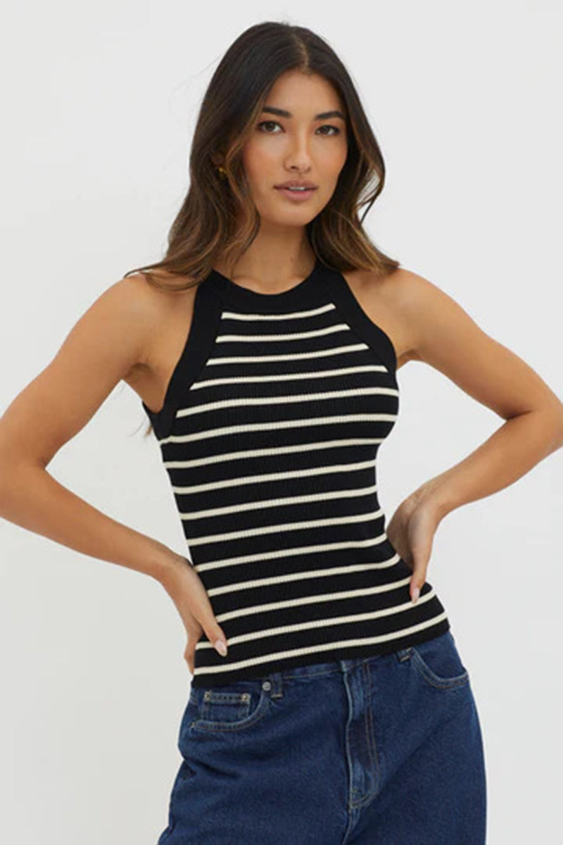 Casual Striped Print Slim Fit Ribbed Knit Tank Top-Blue