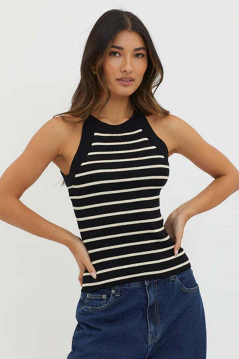 Casual Striped Print Slim Fit Ribbed Knit Tank Top-Blue