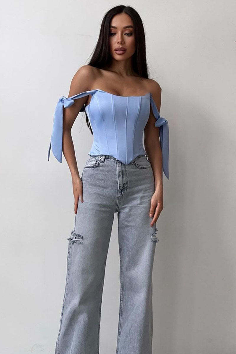 Off Shoulder Ribbon Decor Asymmetric Hem Party Plain Corset Top-Blue