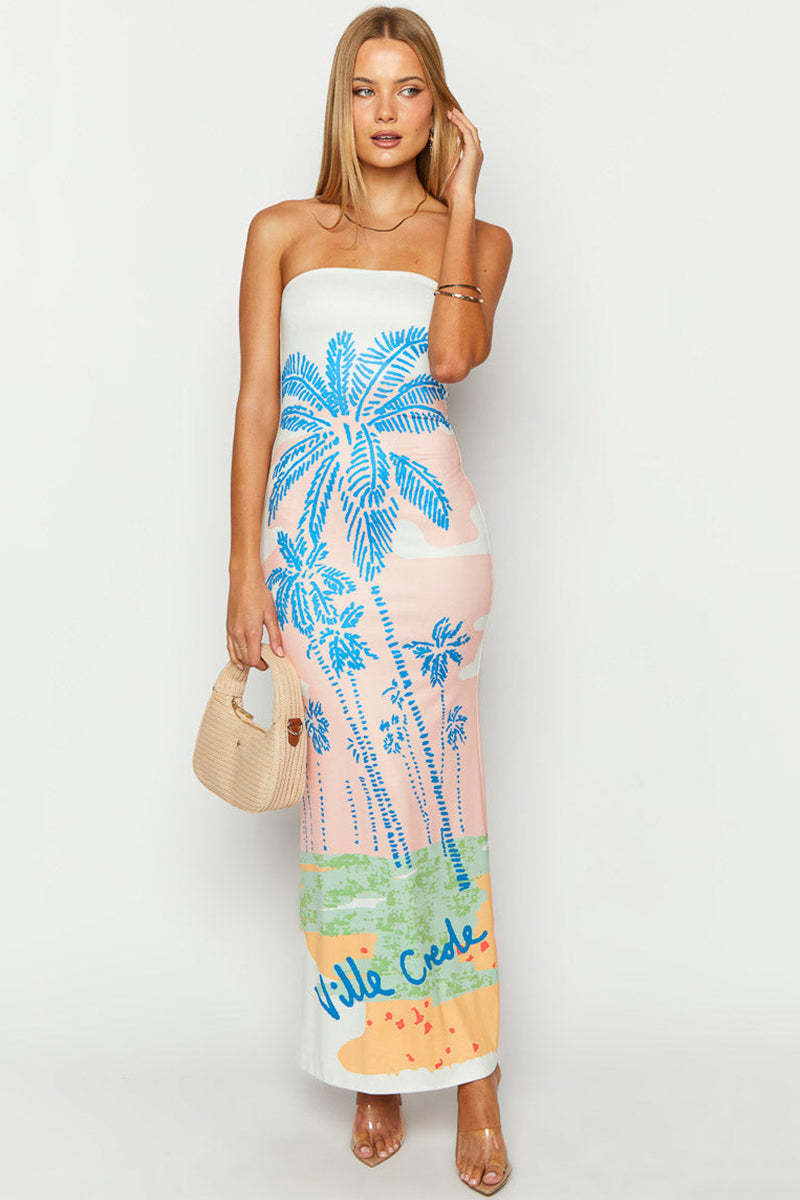 Palm Print Strapless Bodycon Vacation Maxi Dresses-Pink