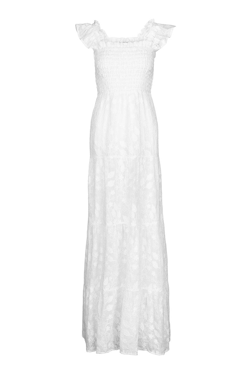 Ruffled Trim Square Neck Jacquard Tiered Maxi Dresses-White
