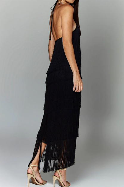 Tiered Fringed Sleeveless Halter Open Back Prom Party Maxi Dresses-Brown