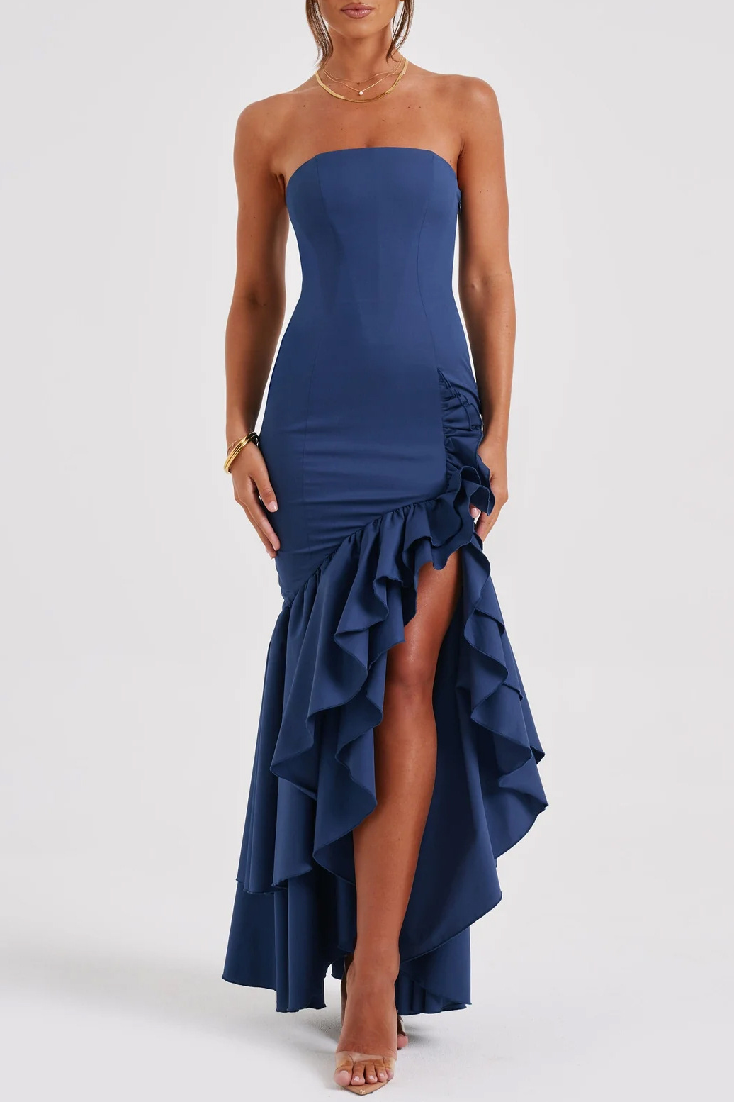 Strapless Bodycon Asymmetric Ruffled Slit Formal Party Maxi Dresses-Blue