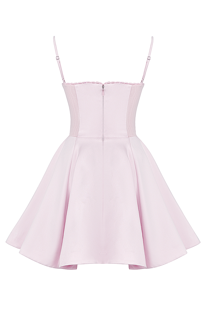 Spaghetti Strap Deep V Neck Cinch Waist Mini Dresses-Pink