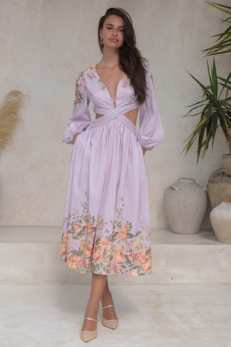Deep V Neck Lantern Sleeve Cutout Floral Print Midi Dresses-Purple Pre Order