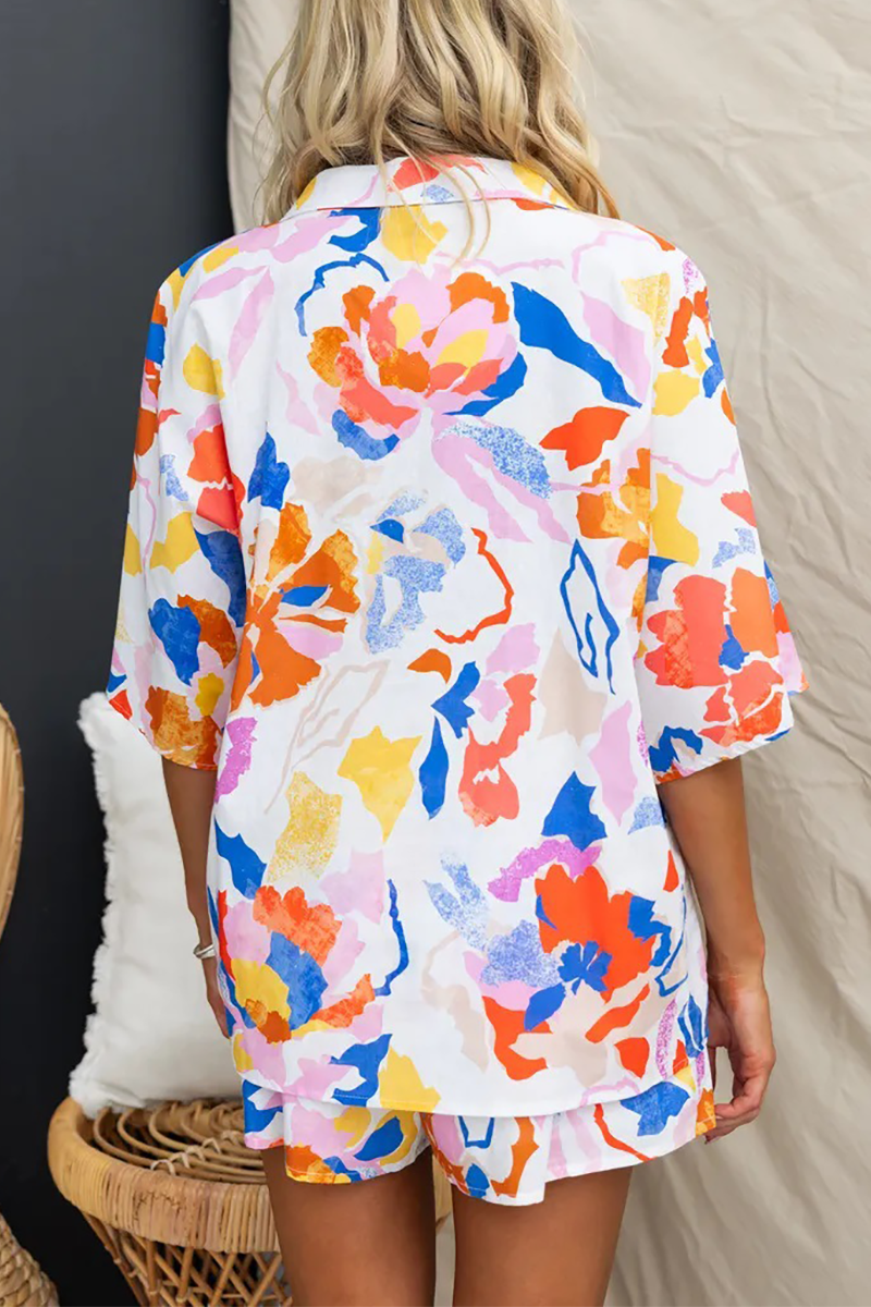 Abstract Print Half Sleeve Loose Fit Blouse Shorts Matching Set-White