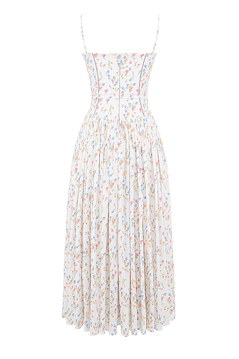 Ditsy Floral Print Boat Neck Corset Slip Midi Dresses-White