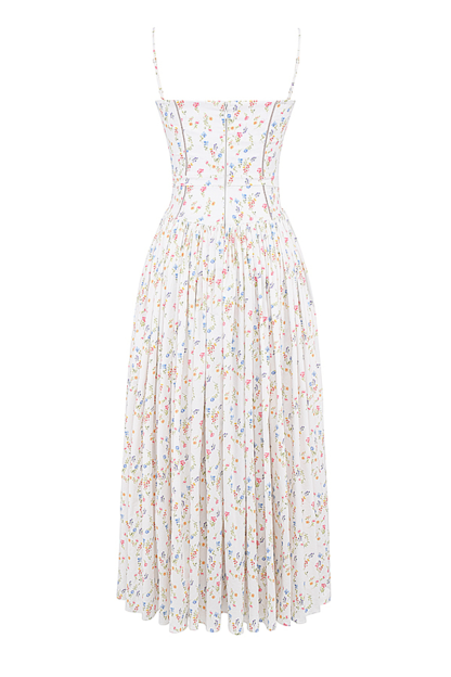 Ditsy Floral Print Boat Neck Corset Slip Midi Dresses-White