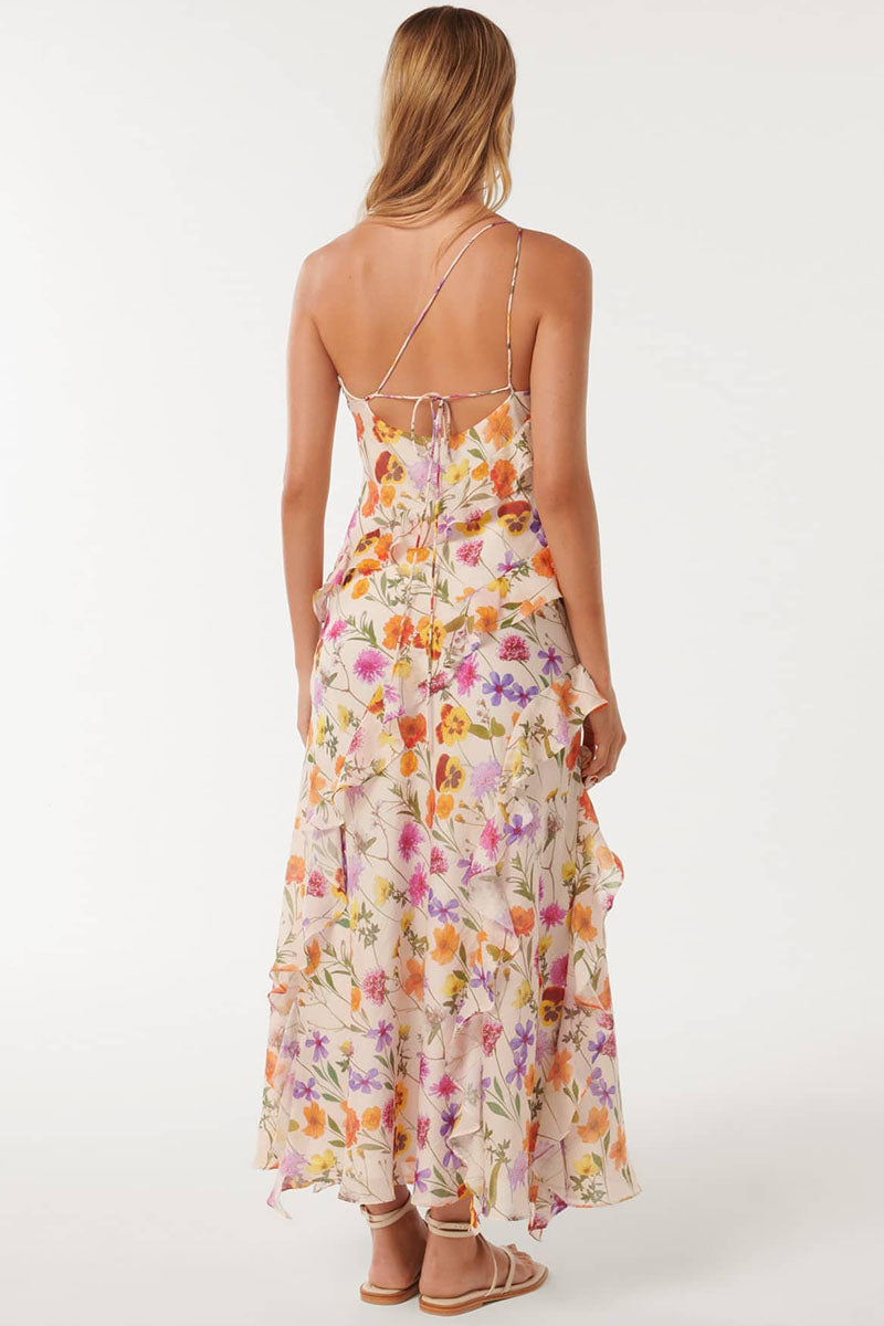 One Shoulder Multicolor Floral Print Flounced Maxi Dresses-Beige