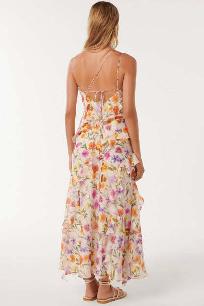 One Shoulder Multicolor Floral Print Flounced Maxi Dresses-Beige
