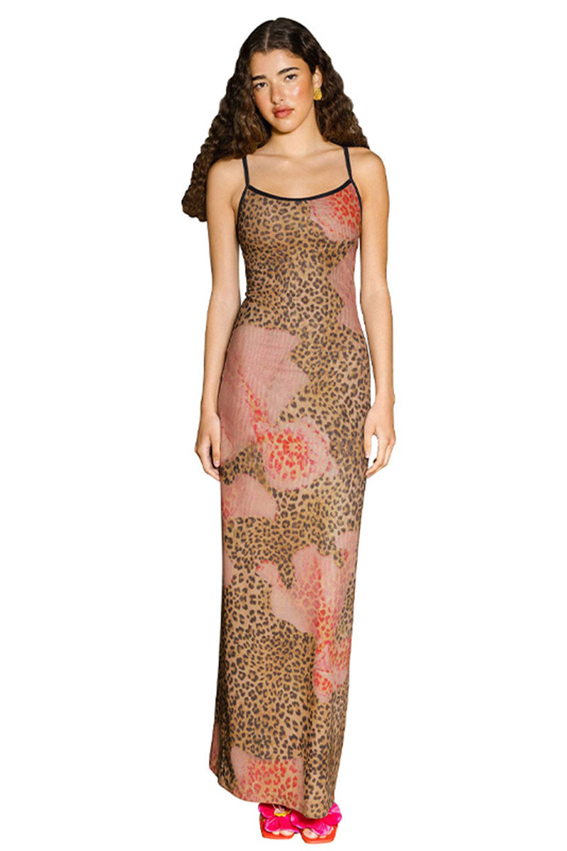 Leopard Print Slim-Fit Cocktail Party Maxi Slip Dresses-Brown