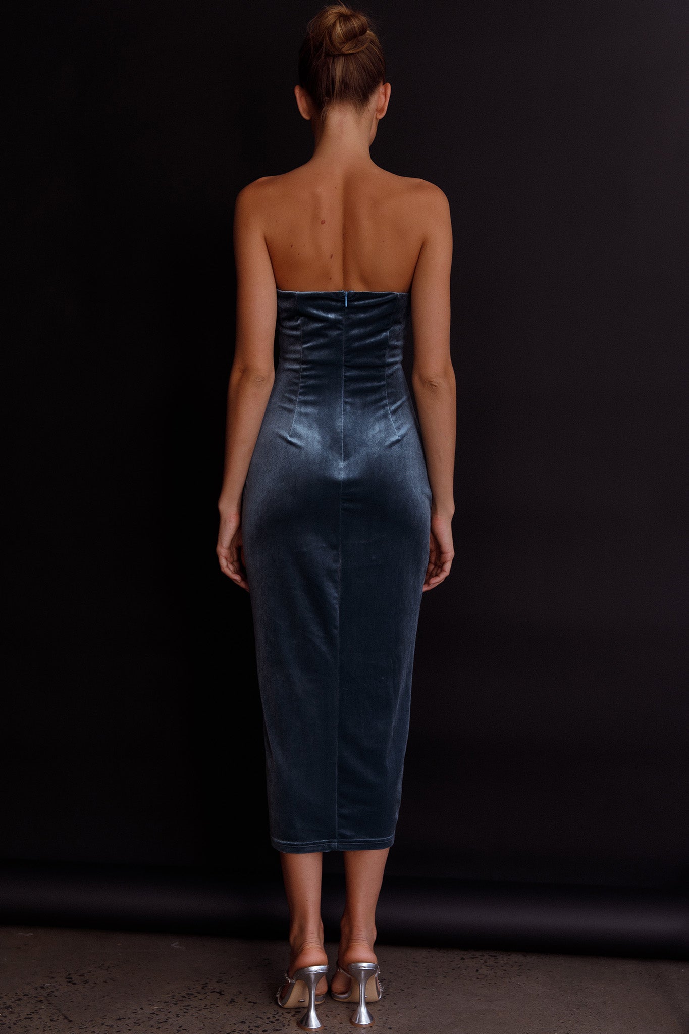 Velvet Strapless Slit Midi Dresses