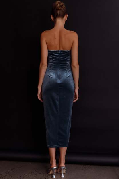 Velvet Strapless Slit Midi Dresses