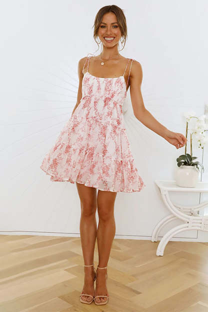 Floral Print Tied Up Cami Boat Neck Tiered Ruffle Backless Flowy Vacation Mini Dresses