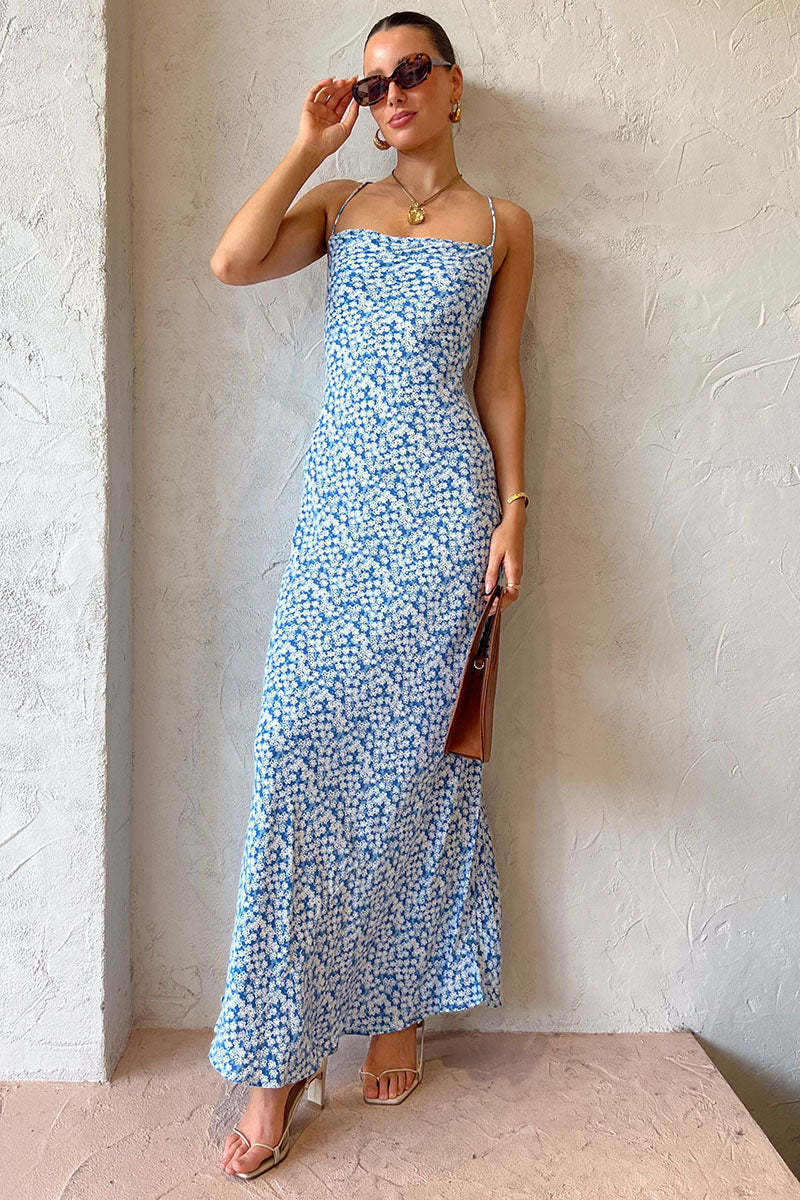 Ditsy Floral Print Crossover Tie Up Backless Cami Vacation Maxi Dresses