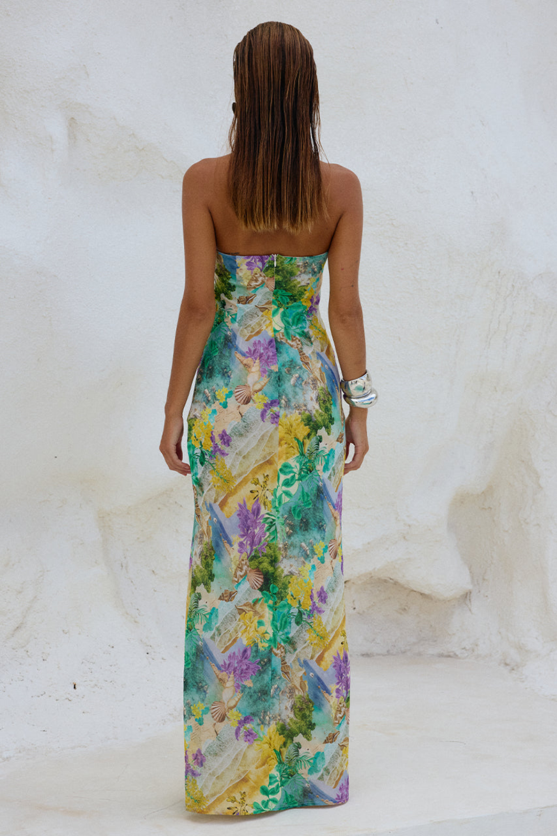 Strapless Cutout Floral Print Maxi Dresses-Green